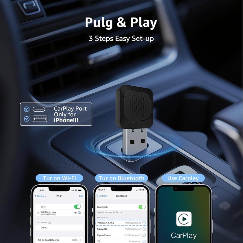Ayake Wireless CarPlay Adapter, Smallest Mini Edition, Converts Wired to Wireless CarPlay, Plug & Play Adapter, Compact Design for Apple iPhone iOS 10+ with USB/USB-C Port - Image 4